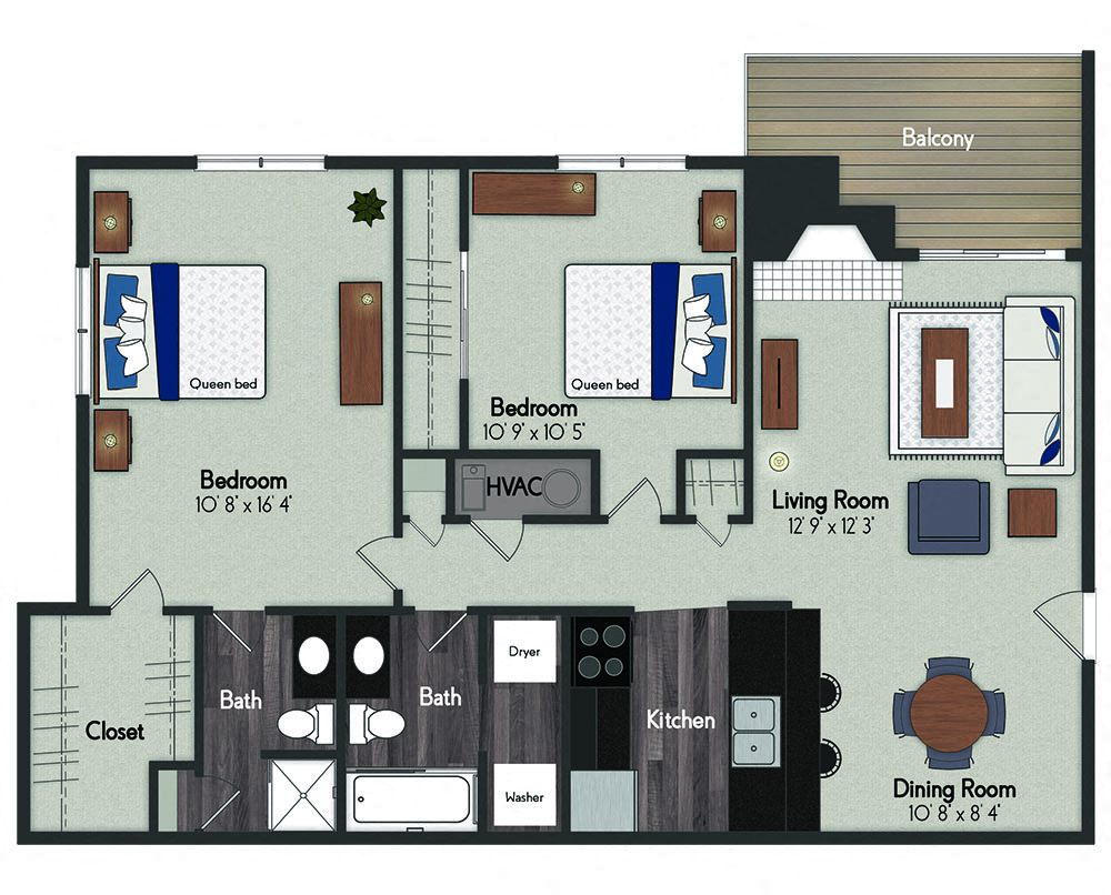 Floor plan for 2 beds, 2 baths, 950 sqft